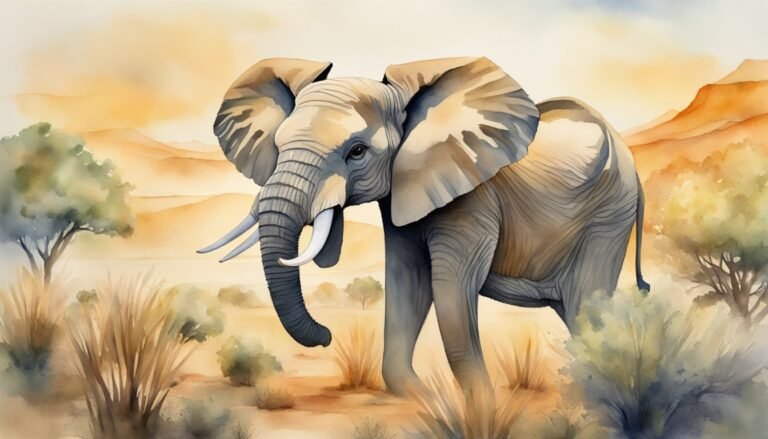 Watercolor painting of elephant in sunlit savannah landscape.