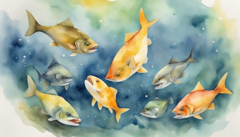 Colorful watercolor painting of various fish swimming.