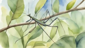 Watercolor painting of a stick insect on leafy branch.