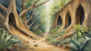 Watercolor painting of enchanted forest path with towering trees.