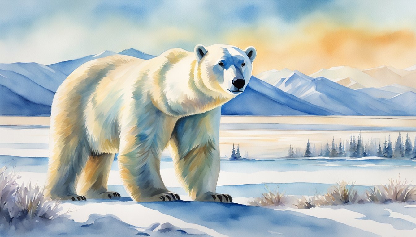 Watercolor painting of polar bear in snowy mountainscape.