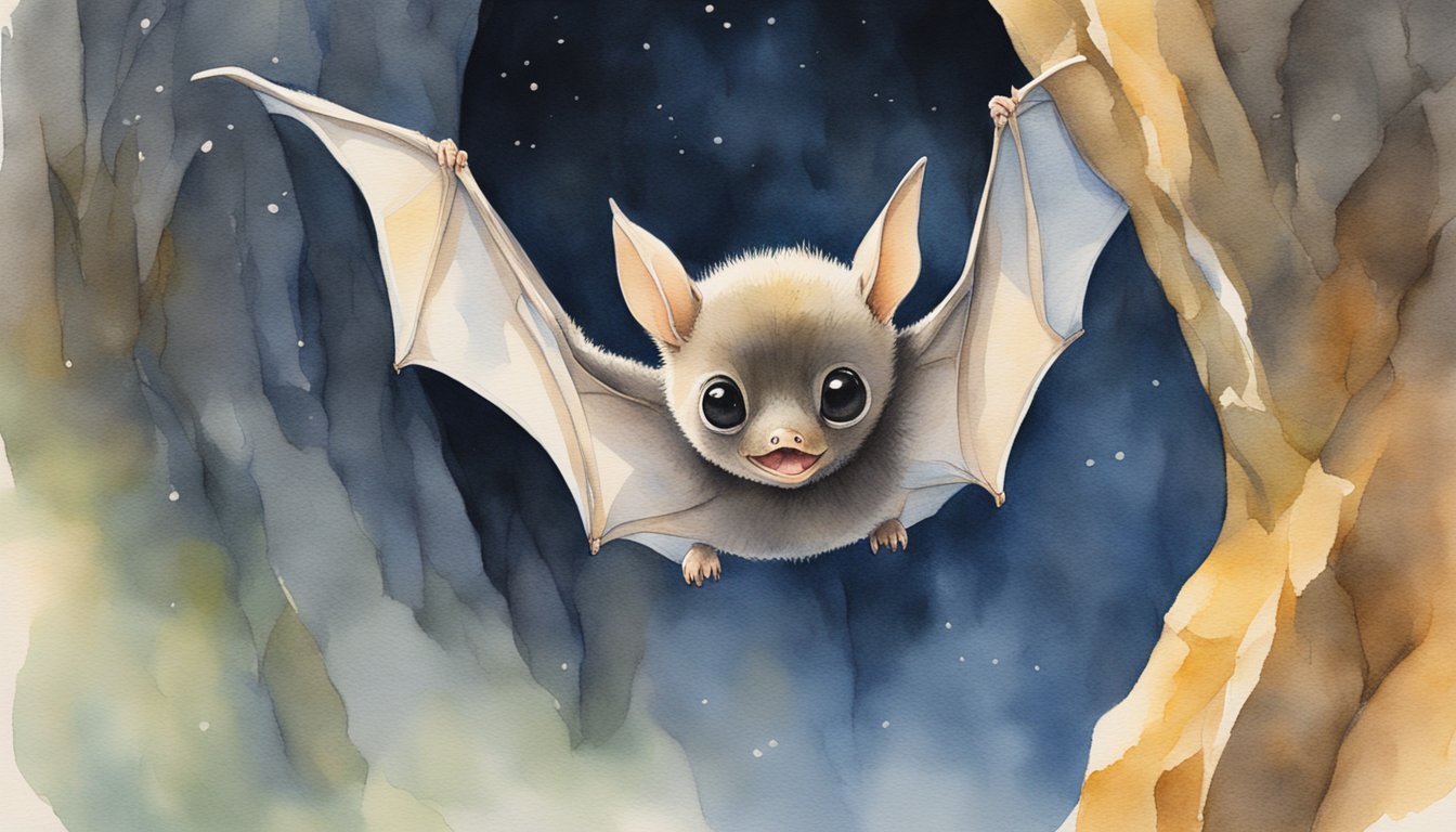 Adorable cartoon bat flying in a watercolor cave.