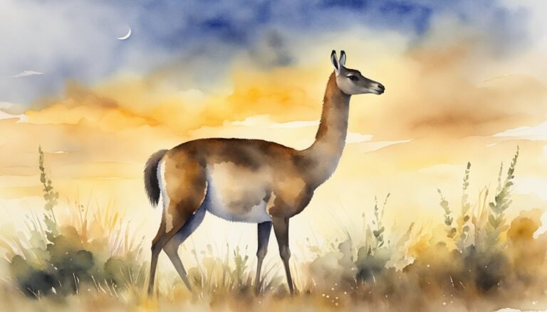 Watercolor guanaco in sunset landscape with crescent moon.