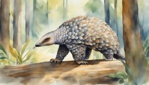 Watercolor painting of a pangolin in a forest setting.