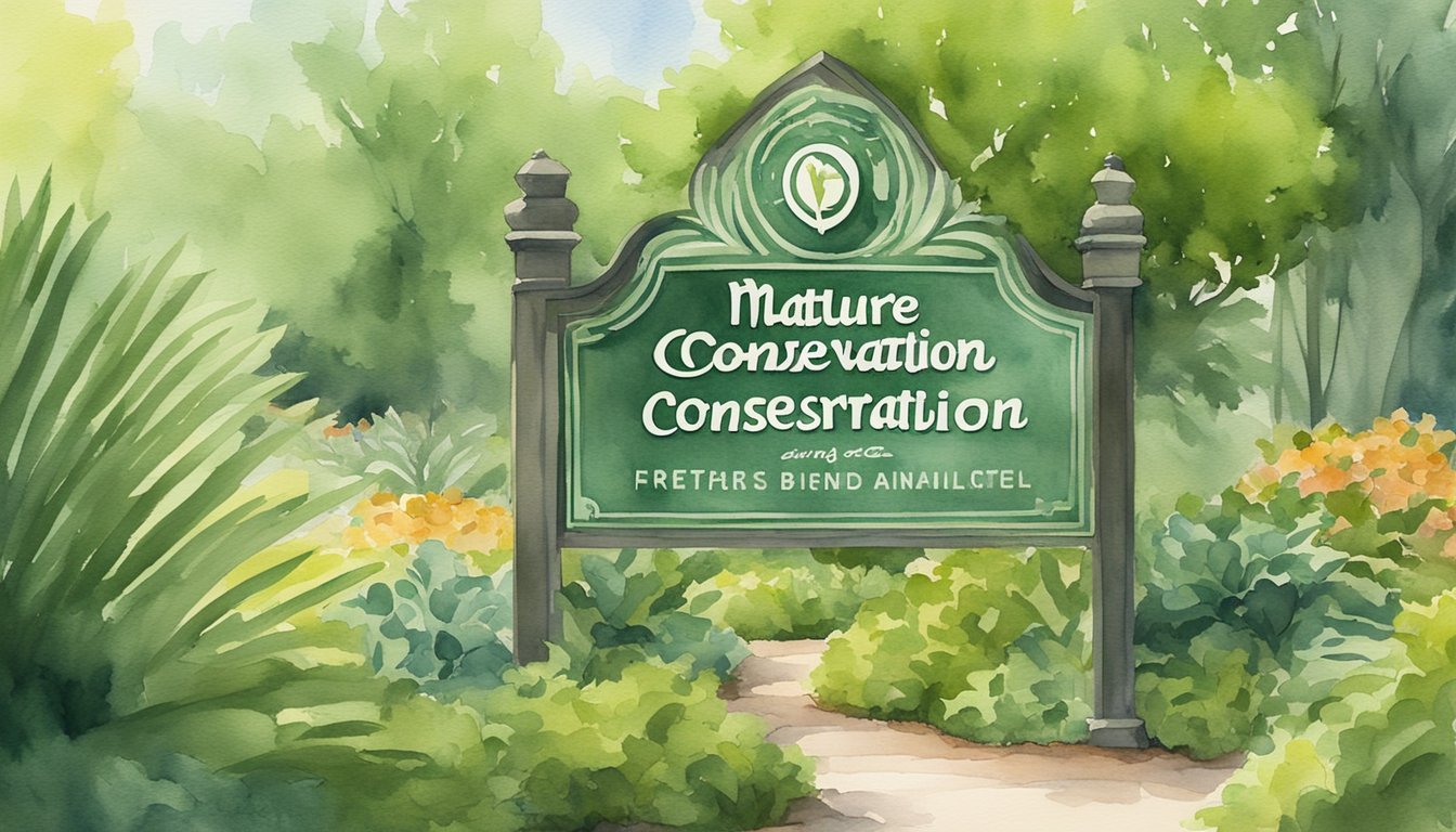 Nature Conservation sign surrounded by lush greenery in watercolor.