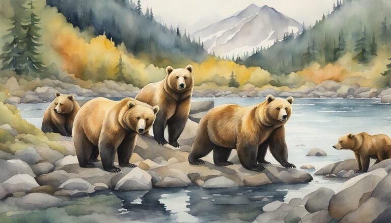 Four brown bears by river in forest landscape.