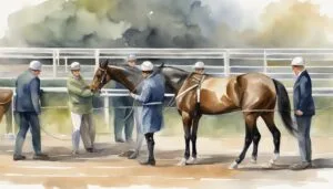 Watercolor of trainers and racehorses at stable.