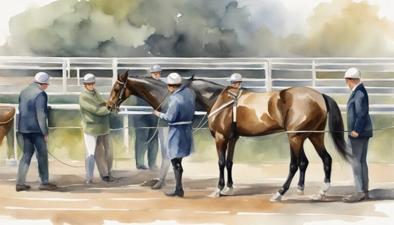 Watercolor of trainers and racehorses at stable.