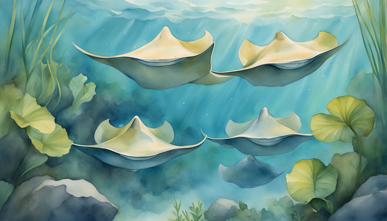 Stingrays swimming in serene underwater watercolor scene.