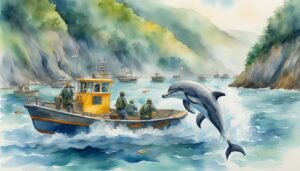 Watercolor of dolphin leaping near fishing boats and cliffs.