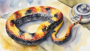 Watercolor painting of coiled snake next to metal flask.