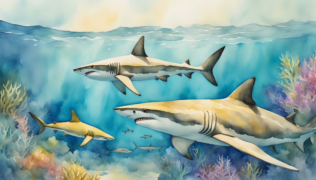 Watercolor painting of sharks swimming in a coral reef.