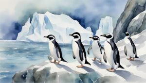 Watercolor of penguins on icy landscape.