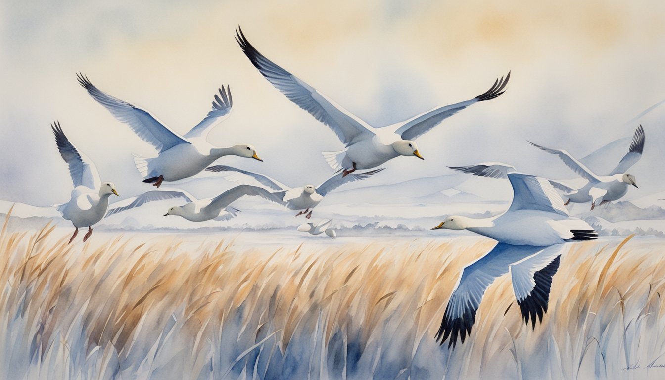 Snow geese flying over golden wheat field.