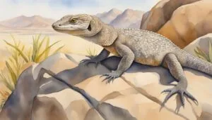 Watercolor of a lizard on rocky desert landscape