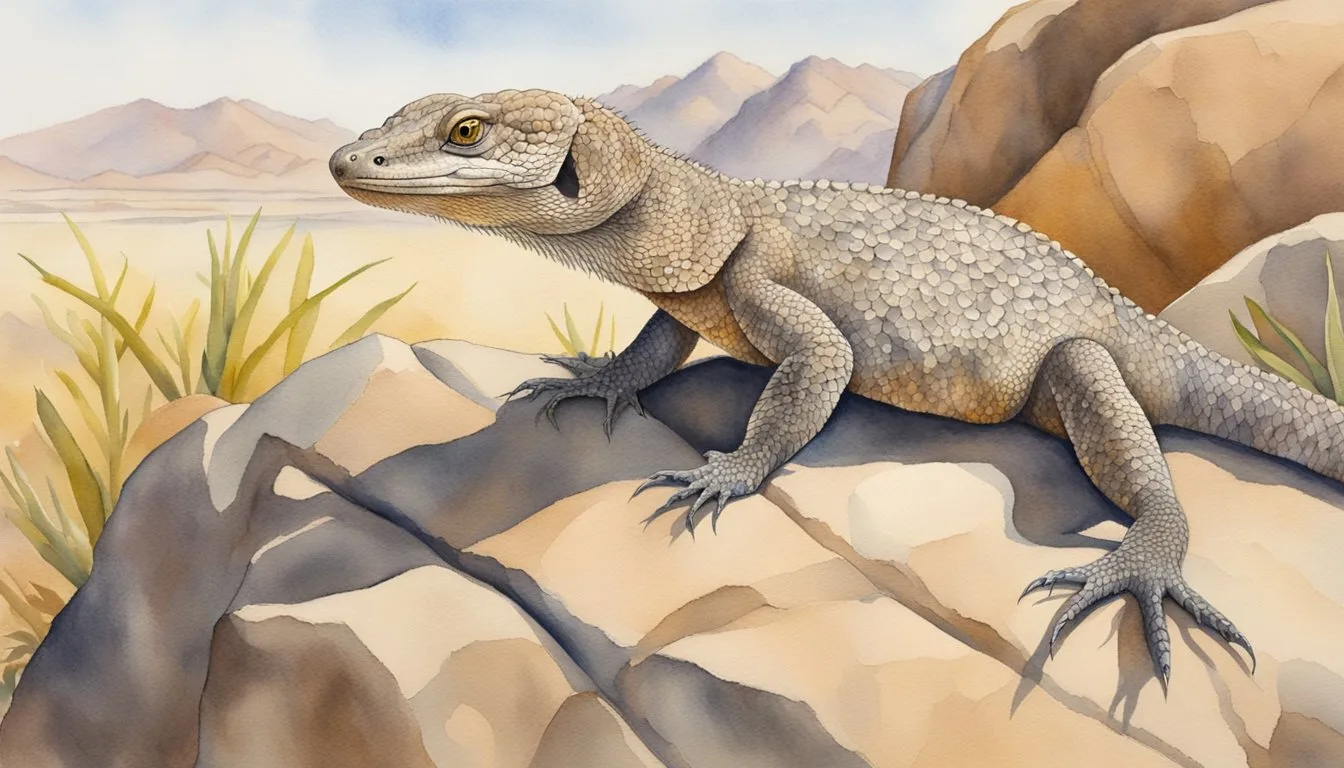 Watercolor of a lizard on rocky desert landscape