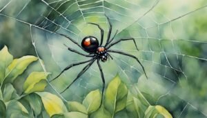 Watercolor painting of spider on web among leaves.