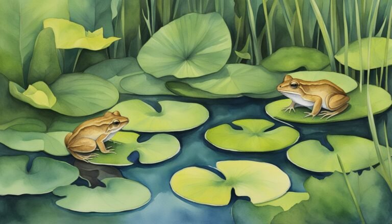 Two frogs on lily pads in a lush pond.