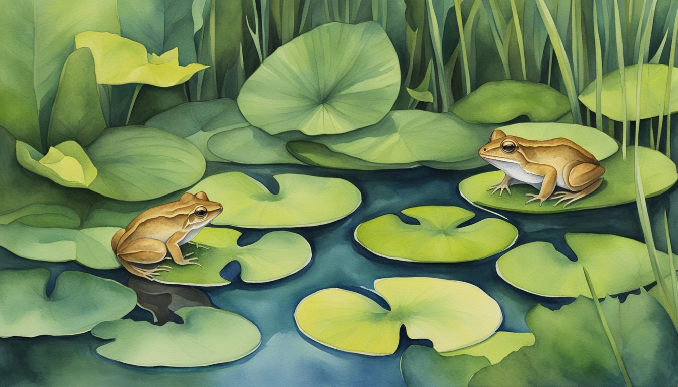 Two frogs on lily pads in a lush pond.