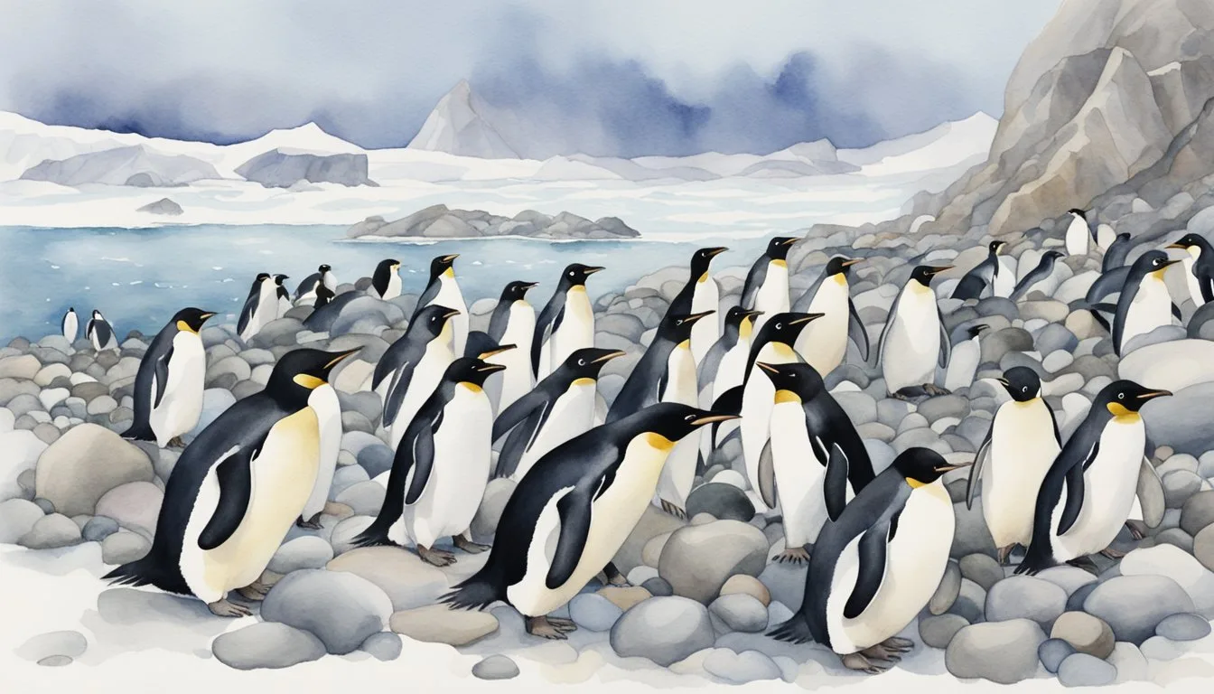 Watercolor illustration of penguins in Arctic landscape.
