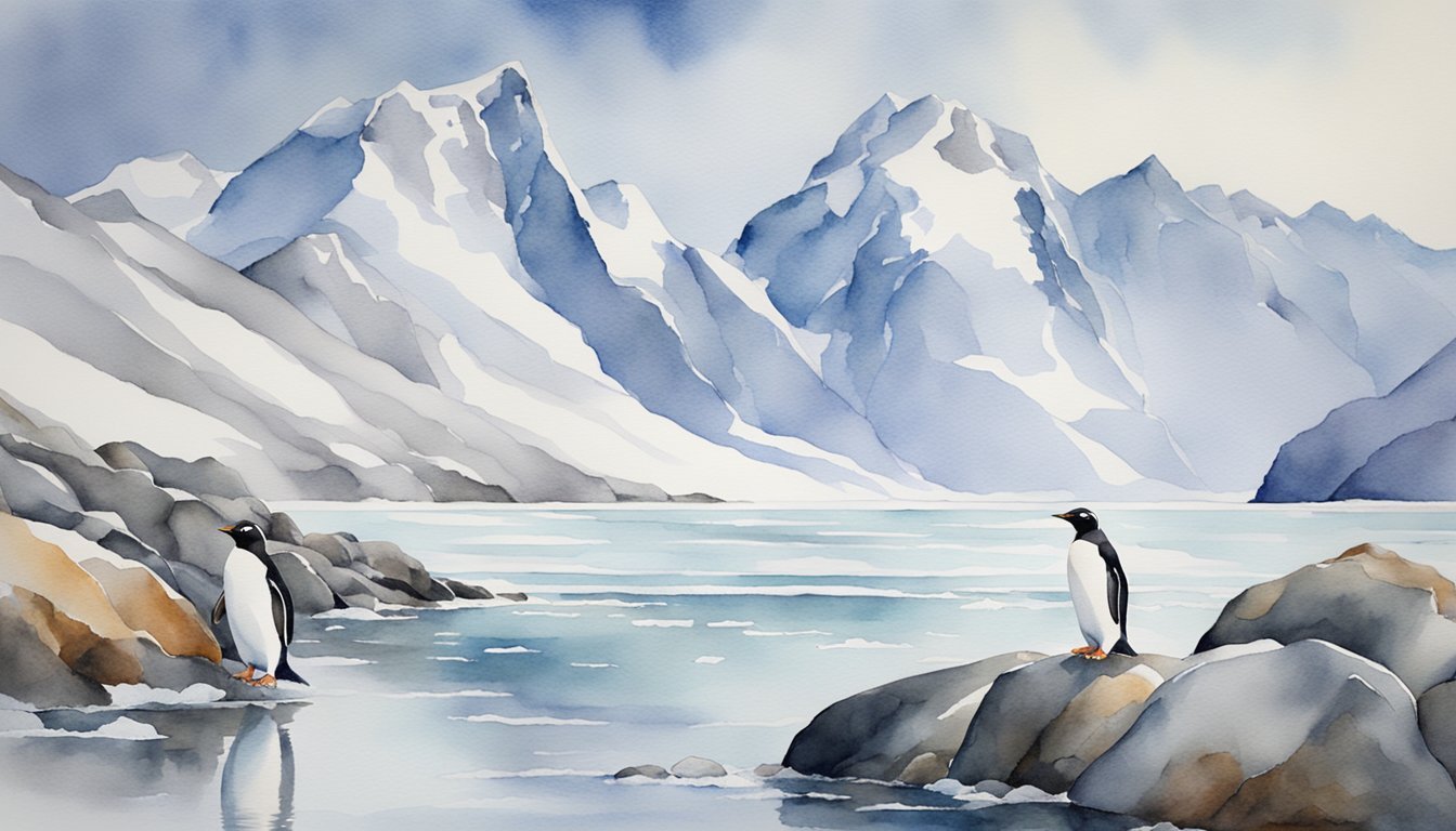 Watercolor painting of penguins beside icy mountain lake.