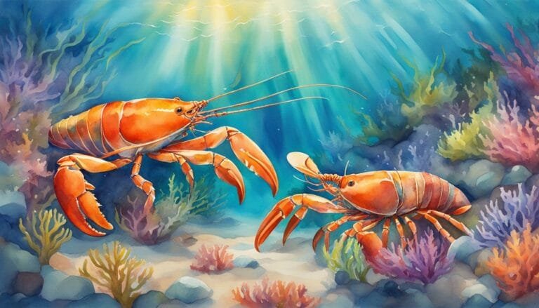 Colorful lobsters underwater, coral reef scene with sunlight.