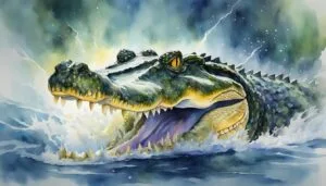 Watercolor painting of alligator in stormy waters.