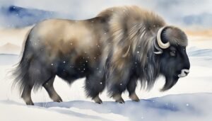 Muskox in snowy landscape, watercolor illustration.