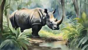 Rhino in misty jungle watercolor illustration.