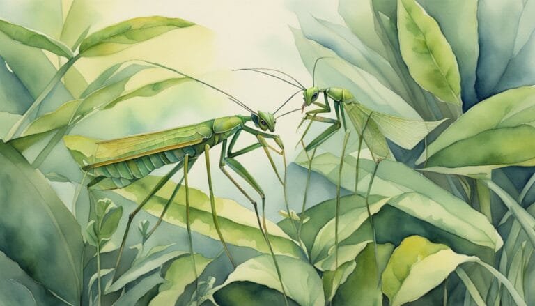 Watercolor painting of two praying mantises among leaves.