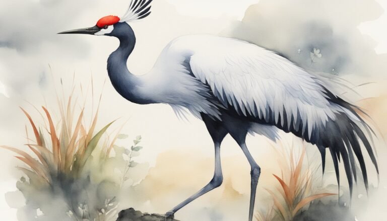 Watercolor painting of a crane with red head crest.