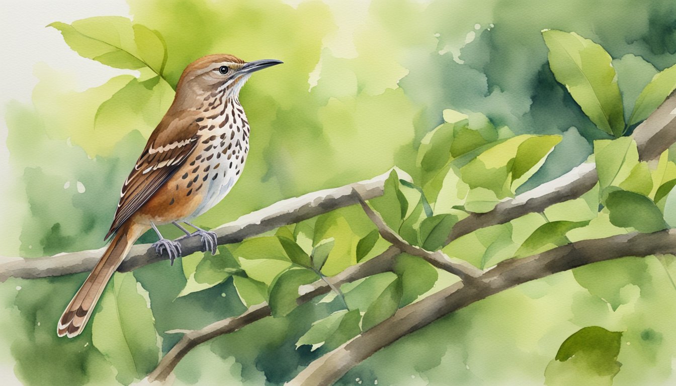 Watercolor of a brown thrush on a leafy branch.