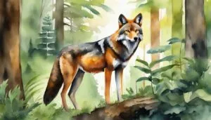 Watercolor painting of a fox in a lush forest.