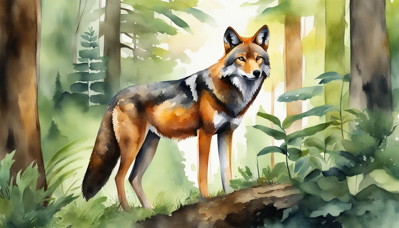 Watercolor painting of a fox in a lush forest.