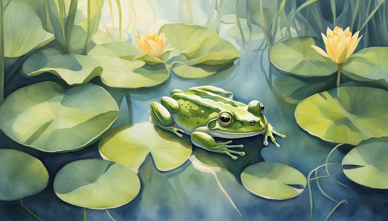 Green frog resting on lily pads in pond