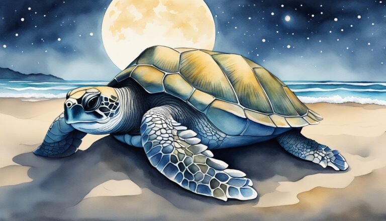 Sea turtle on beach under moonlight, watercolor painting.