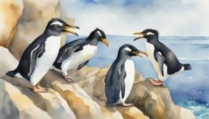 Five penguins on rocky seaside cliff, watercolor illustration.