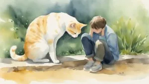 Boy and cat interacting in a watercolor nature scene.