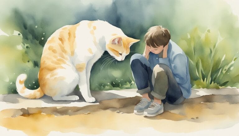 Boy and cat interacting in a watercolor nature scene.