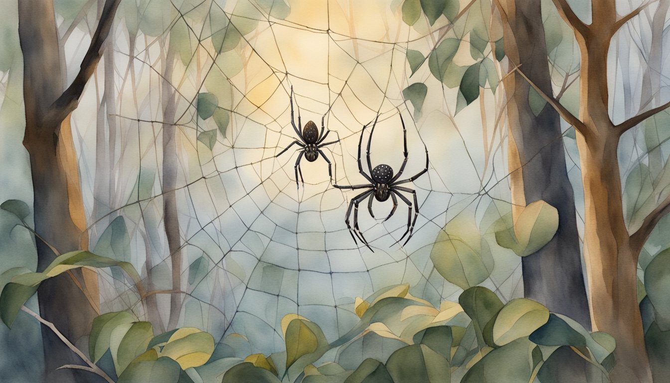 Spiders on web in forest watercolor painting