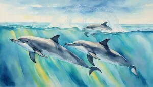 Three dolphins swimming in sunlit ocean waves.
