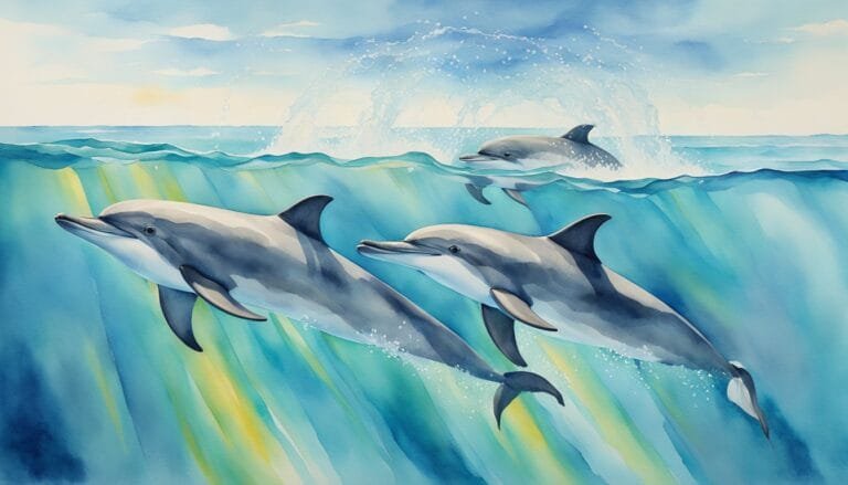 Three dolphins swimming in sunlit ocean waves.