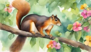 Squirrel on branch in floral watercolor illustration.