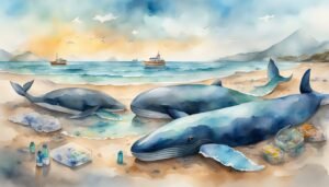 Watercolor of whales, ocean pollution, and ships at sunset.