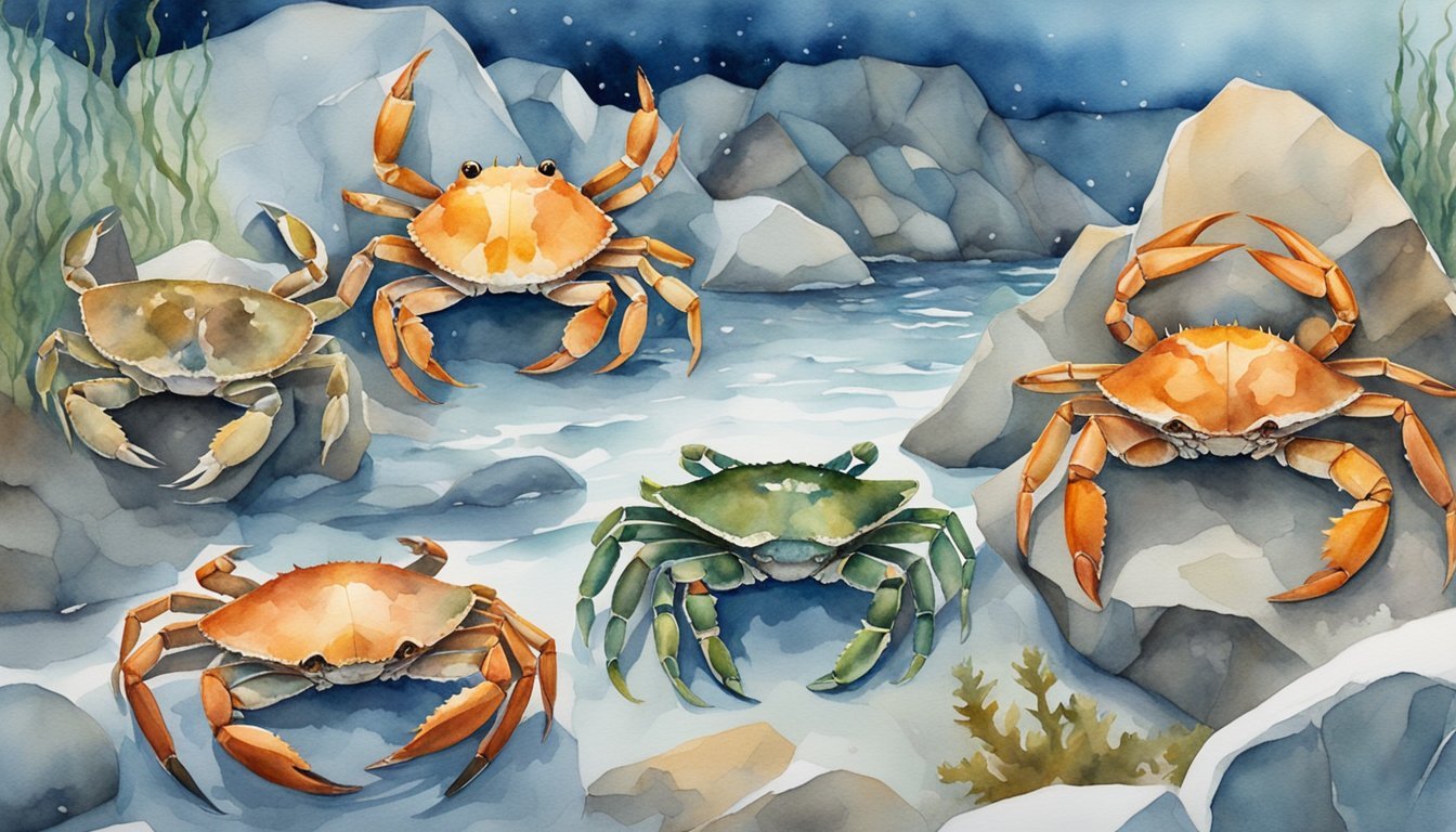 Colorful crabs on rocky, icy coastal landscape in watercolor.