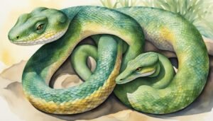 Two green snakes in a watercolor illustration.