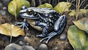 Watercolor painting of a speckled blue frog among leaves.