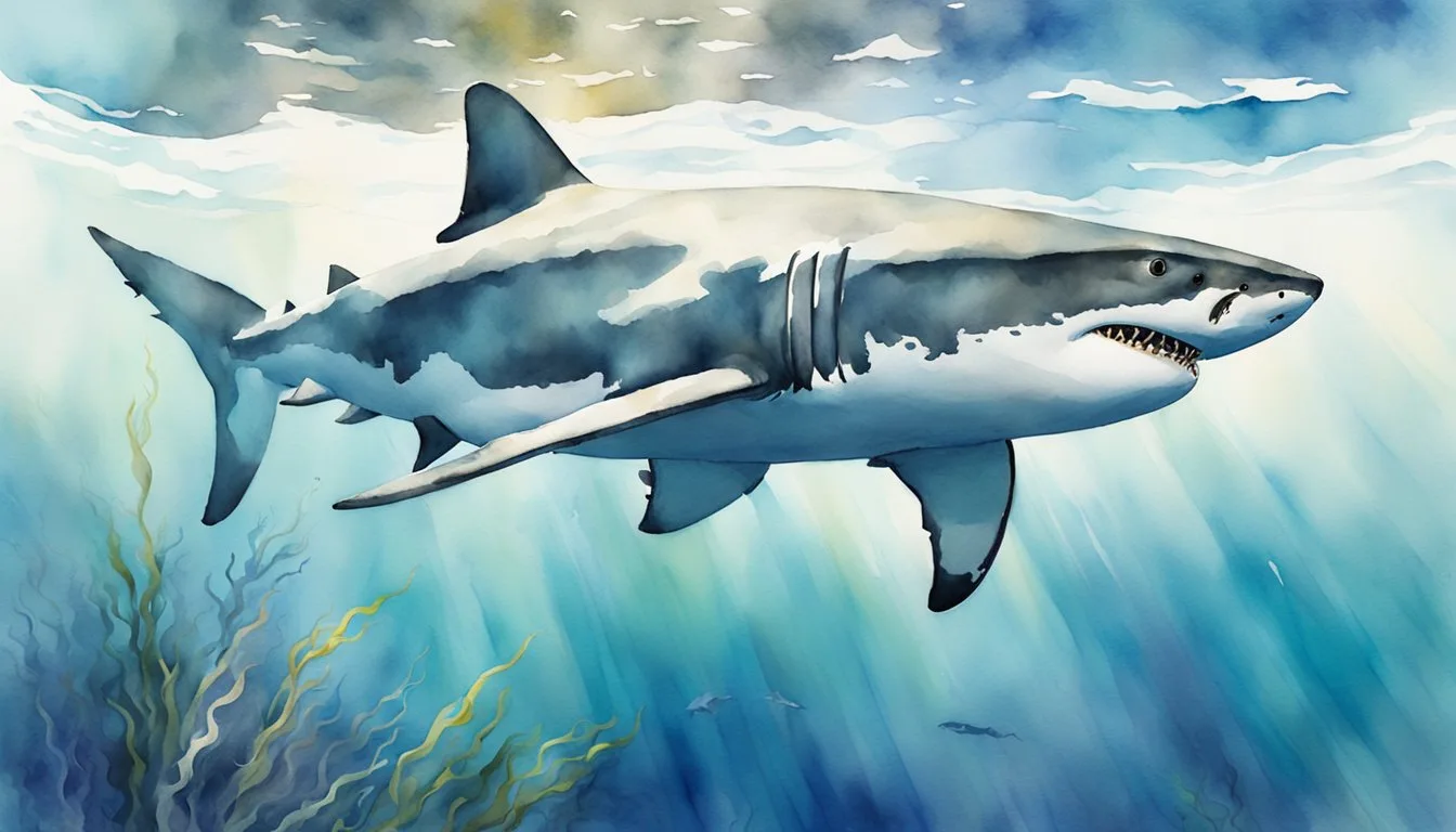 Watercolor illustration of a great white shark underwater.