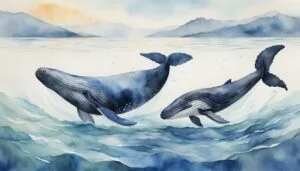 Watercolor painting of whales swimming in serene sea.