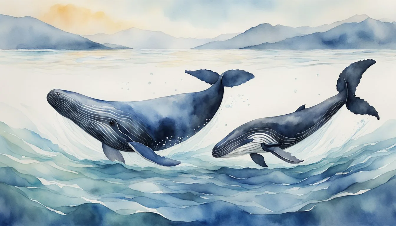 Watercolor painting of whales swimming in serene sea.